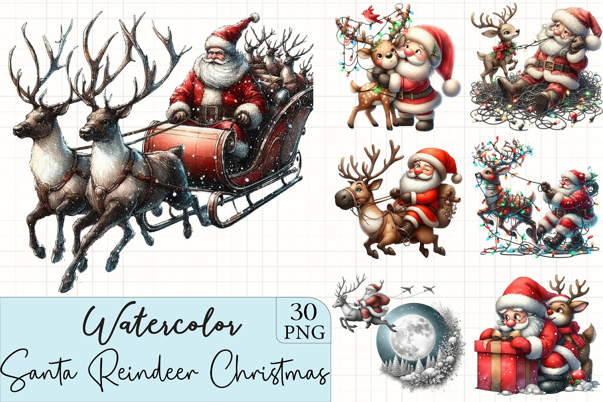 Santa & Reindeer Christmas Clipart, an Illustration by CrexoraLab (Photo 1 of 5)
