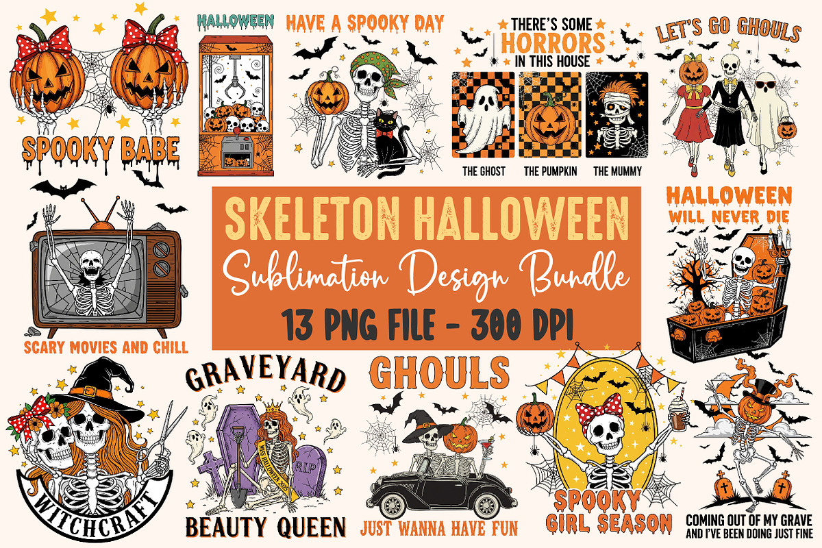 Retro Skeleton Halloween PNG Bundle, an Illustration by OK Design (Photo 1 of 14)