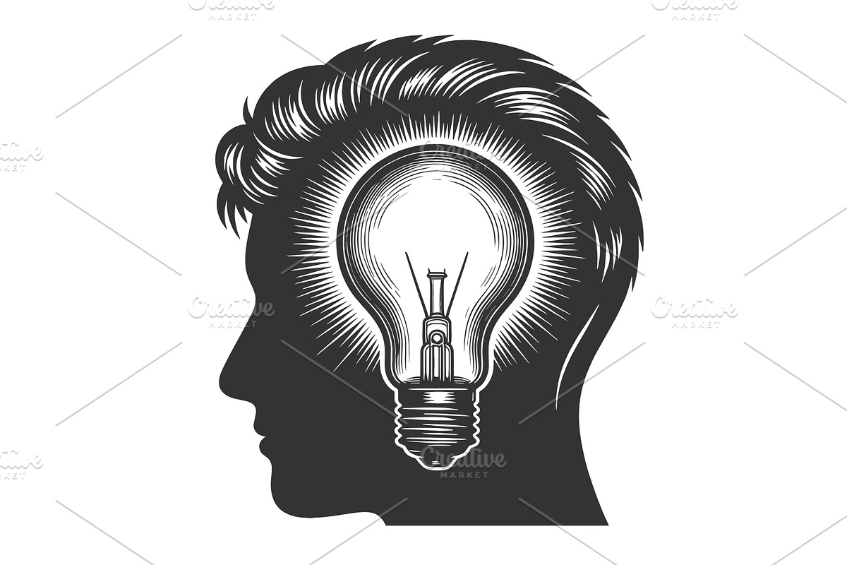 Human Head Silhouette with Lightbulb, a Person Illustration by AlexArt