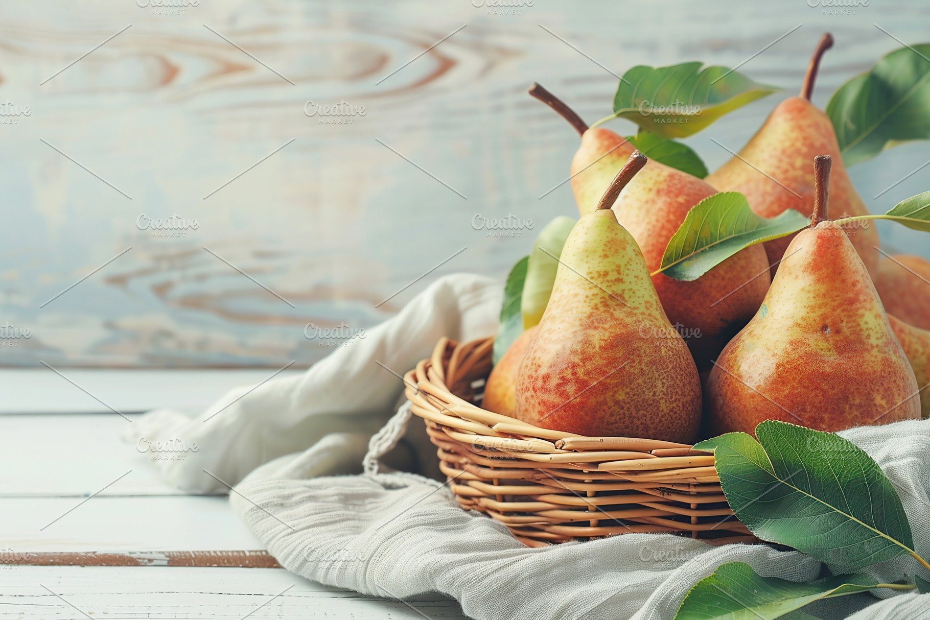 Red pears with green leafs in basket on wooden table, a Food & Drink Photo by AlyaAnd