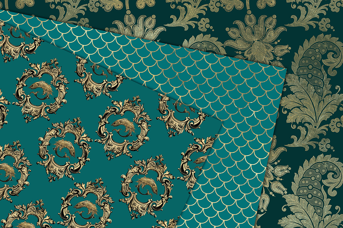 Teal and Gold Mermaid Digital Paper, a Pattern Graphic by Digital Curio