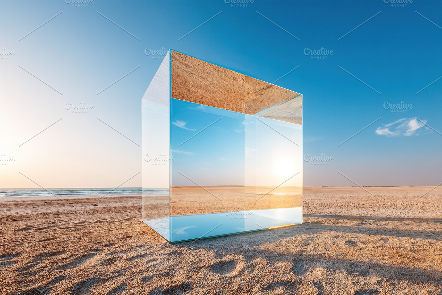 Glass cube reflecting sunset in a serene desert landscape near the ocean, a Photo by AlyaAnd