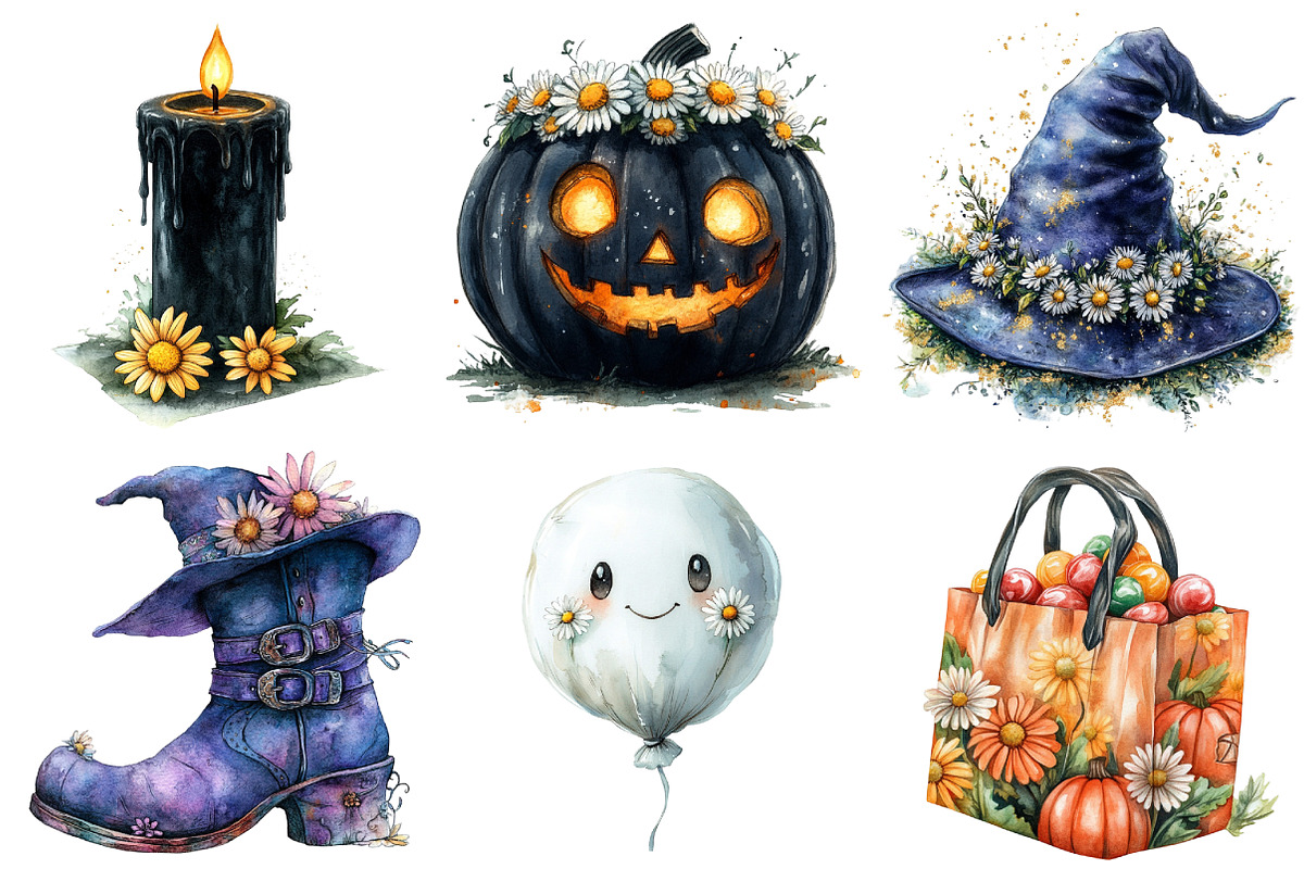 Daisy Flower & Halloween Clipart, an Illustration by Watercolor design (Photo 2 of 4)