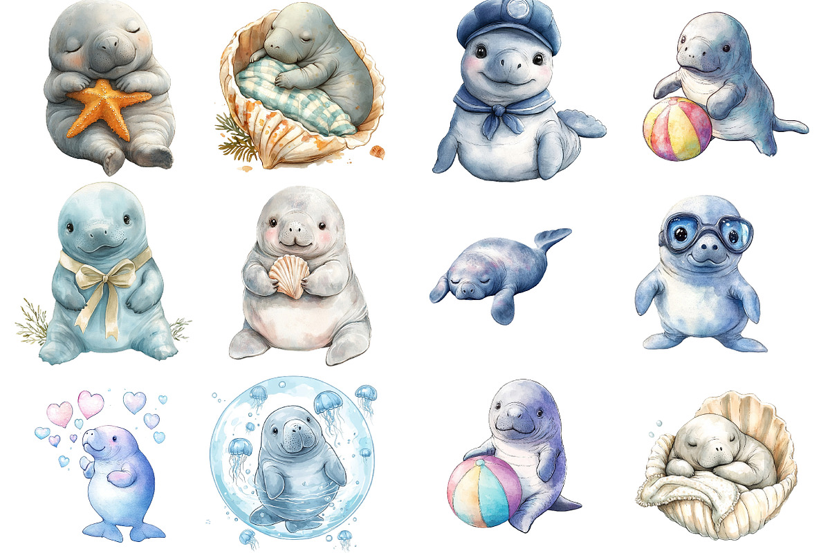 Cute Baby Watercolor Manatees png, an Illustration by Watercolor design (Photo 2 of 5)