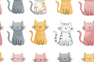 Seamless pattern, cute cartoon cats and kittens in a colorful se, a Pattern Graphic by Studio ANNA
