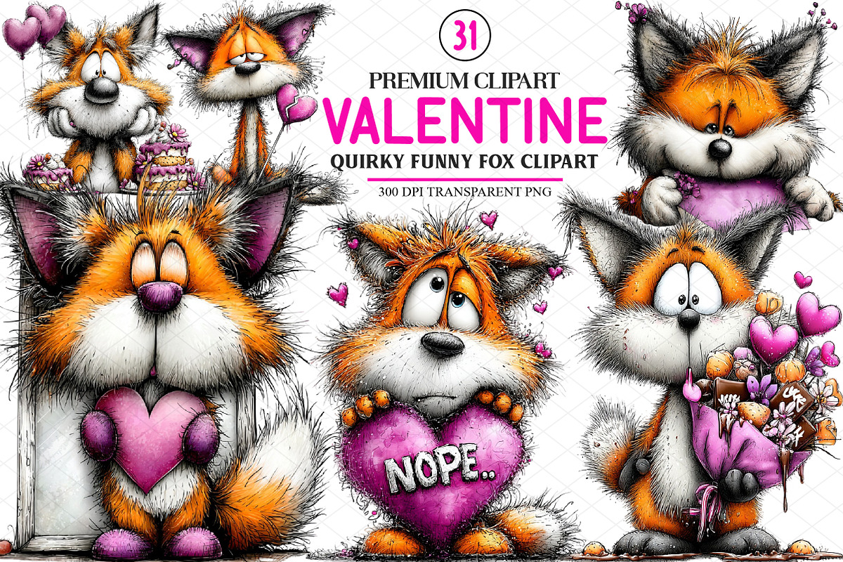 Quirky Funny Valentine Fox Clipart, an Illustration by cherrydesign (Photo 1 of 4)