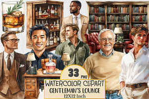 Gentleman’s Lounge Watercolor Clipar, an Empty State Illustration by Rose Art