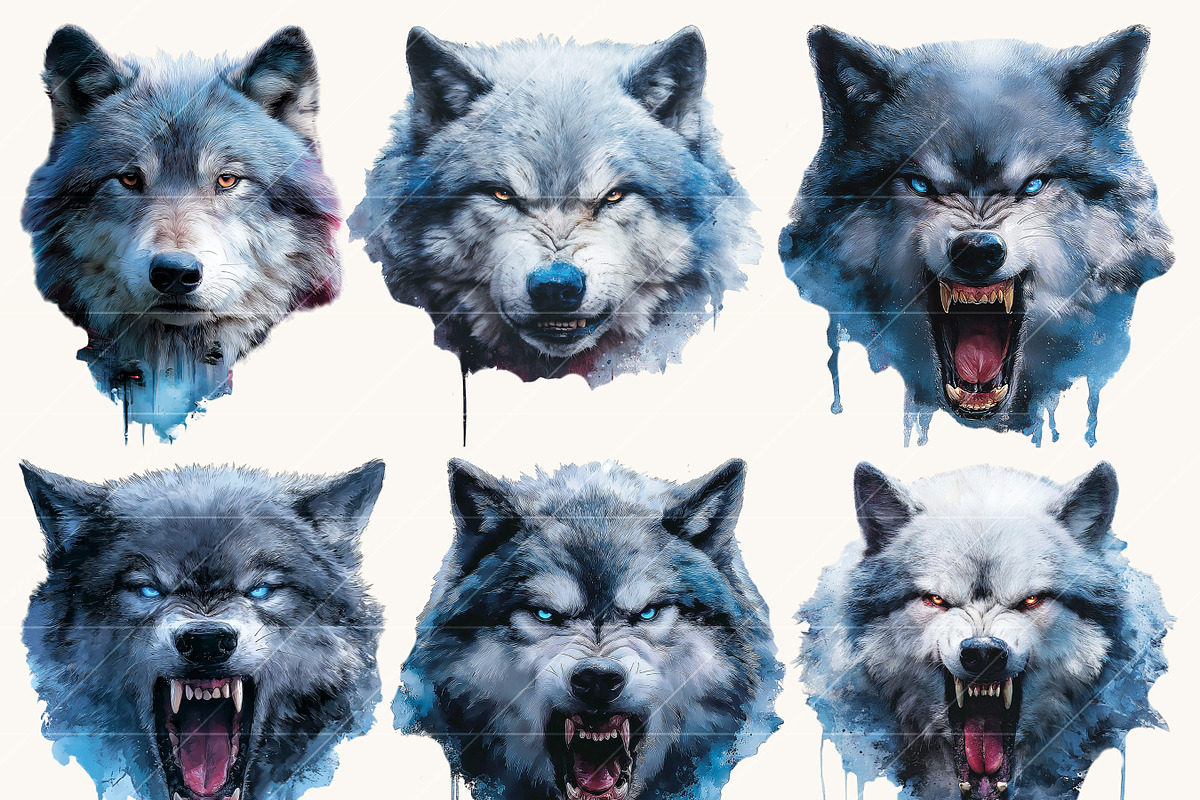 Watercolor Wolf Head Clipart Bundle, an Animal Illustration by BusyDaydesign (Photo 3 of 9)