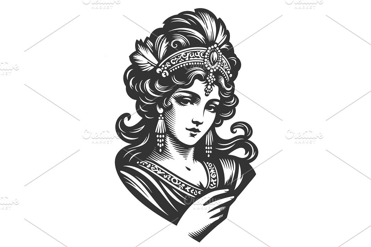 woman with tiara and fan engraving, a Person Illustration by AlexArt