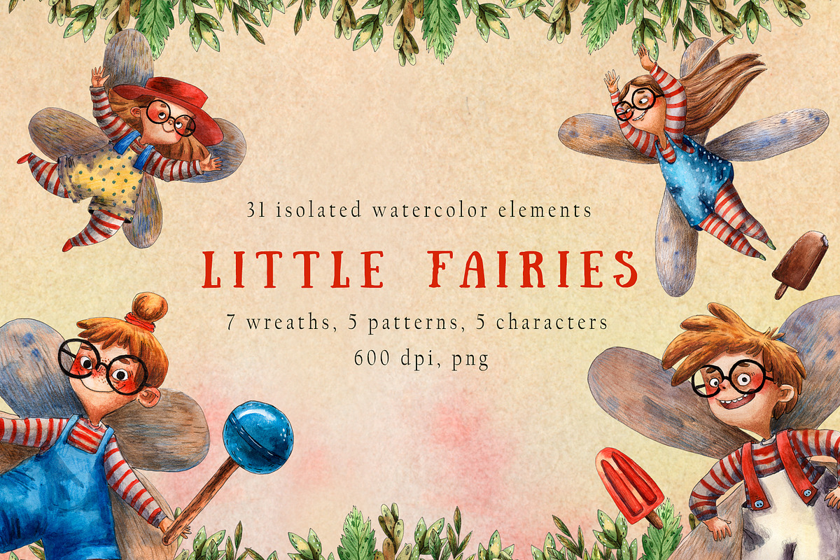 Little Fairies - Watercolor Clip Art, an Object Illustration by Mashamashastu (Photo 1 of 9)