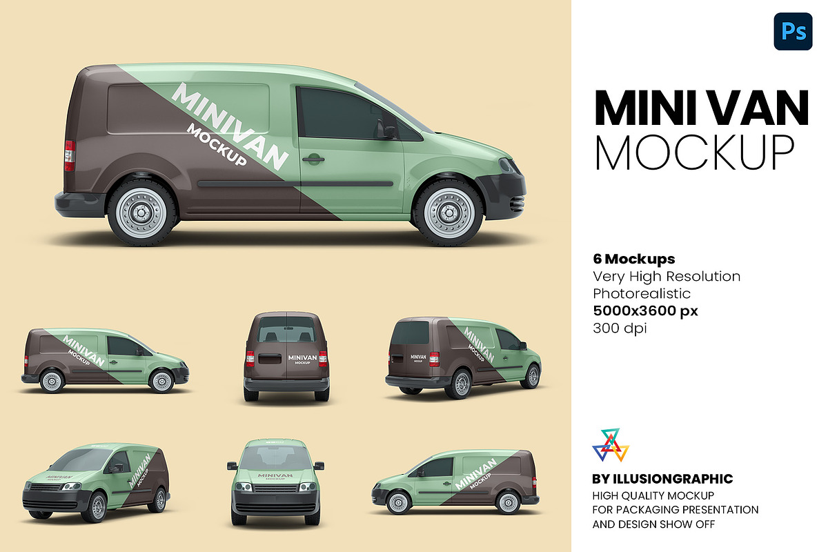 Mini Van Mockup - 6 views, an Advertising Mockup by Illusiongraphic (Photo 1 of 20)