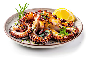 Grilled octopus leg in plate isolated on white background, a Food & Drink Photo by AlyaAnd