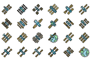 Space Station Icons Set Vector Flat