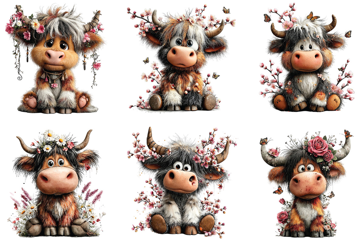 Whimsical Highland Cow Floral Clipar, an Illustration by CraftArtStudio (Photo 5 of 6)