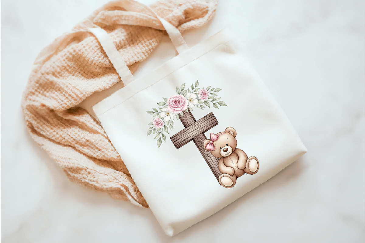Pink Floral Wooden Cross & Teddy png, an Illustration by Watercolor design (Photo 3 of 3)
