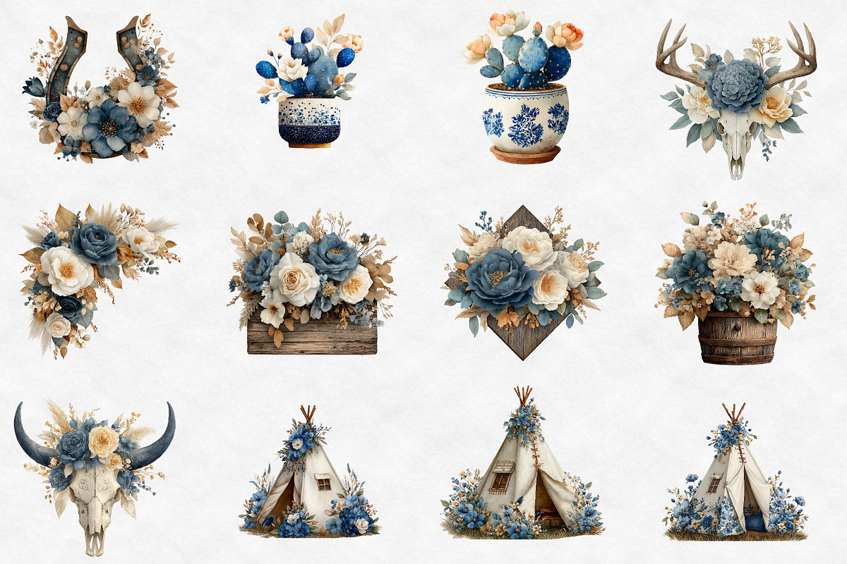 Watercolor Blue Western Boho Clipart, an Illustration by Designworld (Photo 4 of 6)