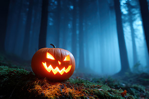 Glowing jack-o'-lantern shines in eerie forest at twilight during Halloween sea, a Holiday Photo by AlyaAnd