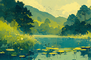 Beautiful serene lake surrounded by lush green foliage and tranquil ambiance, an Illustration by AS photostudio
