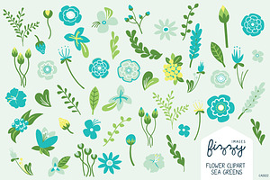 Sea Greens Floral Hand Drawn Set