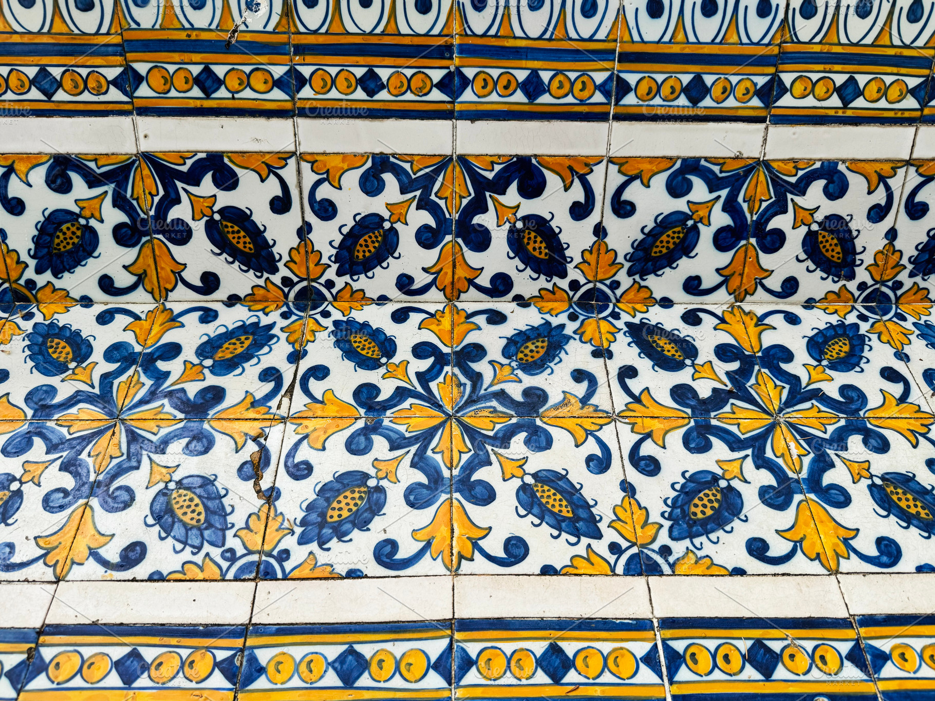 Ornate ceramic tile design on a bench at Tomar castle, Portugal, a Photo by AS photostudio