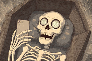 Skeleton checks phone in coffin, a Photo by Beautiful things