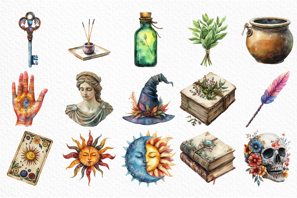 Watercolor Boho Witchcraft Clipart, an Illustration by Craft Nest (Photo 5 of 6)
