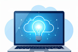 Laptop with cloud light bulb suggesting ideas and connectivity, a Technology Illustration by DanFLCreativo
