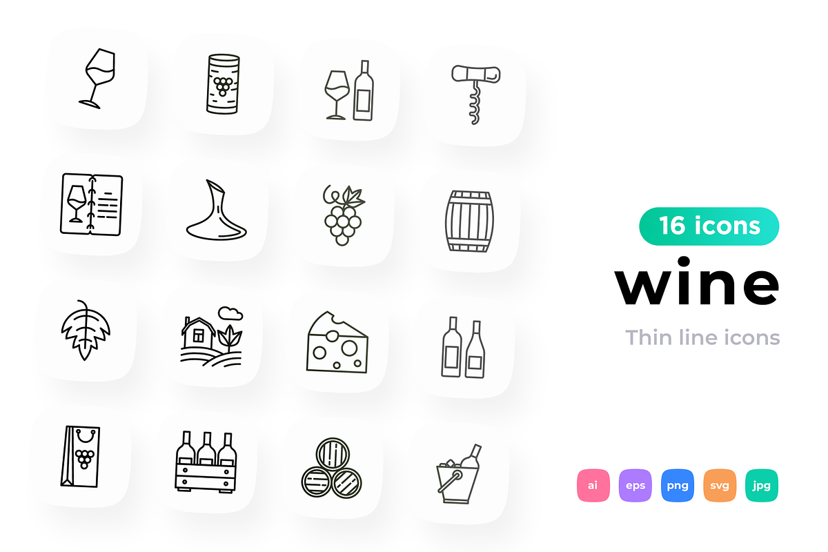 Wine 16 Thin Line Icons Set, an Outline Icon by Alex Blogoodf (Photo 1 of 5)