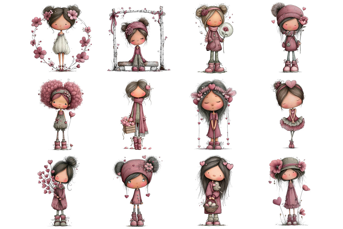 WHIMSICAL VALENTINE GIRL CLIPART, an Illustration by DreamArtGraphic (Photo 4 of 4)