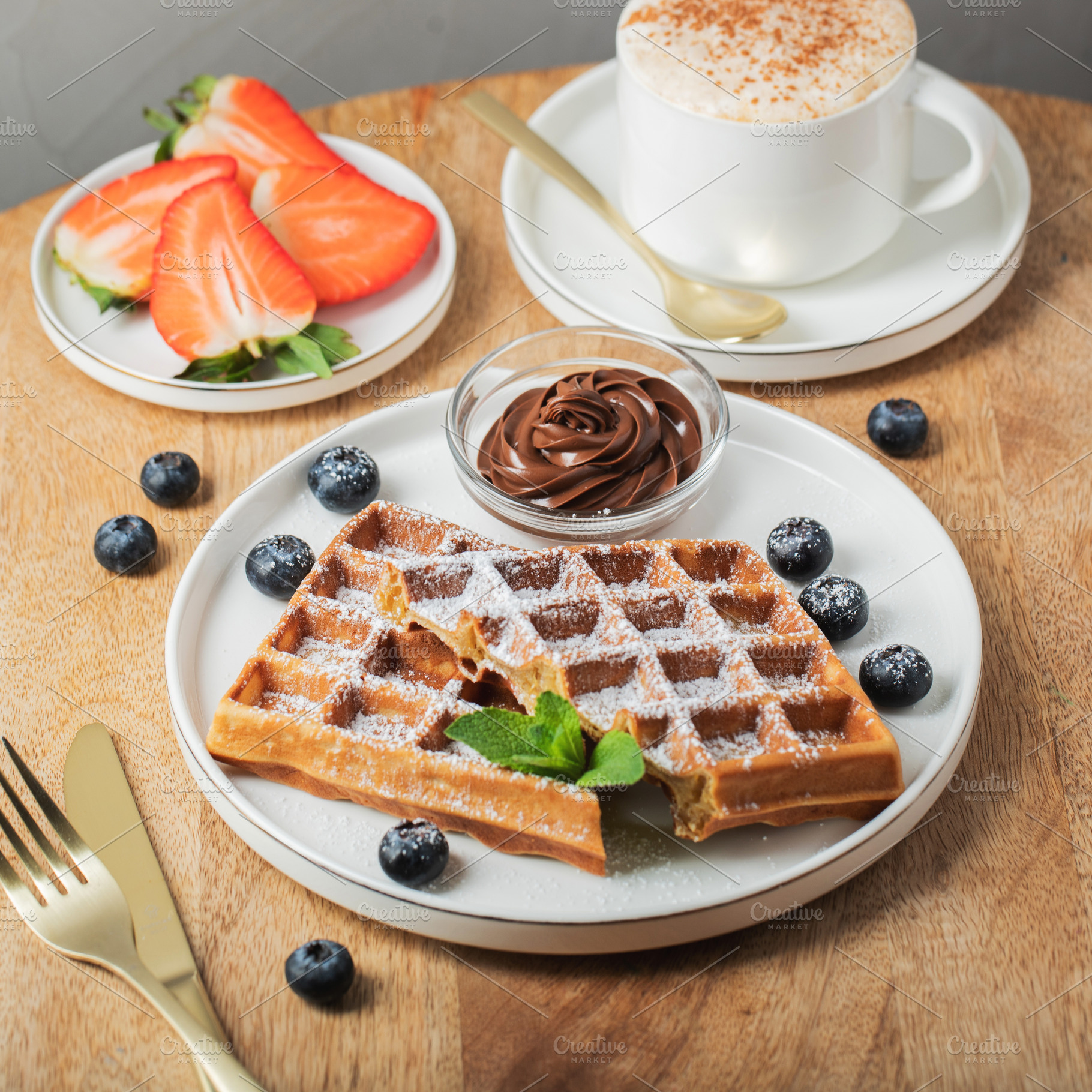 Belgium waffles Homemade waffles with strawberries, a Food & Drink Photo by Budarinphoto