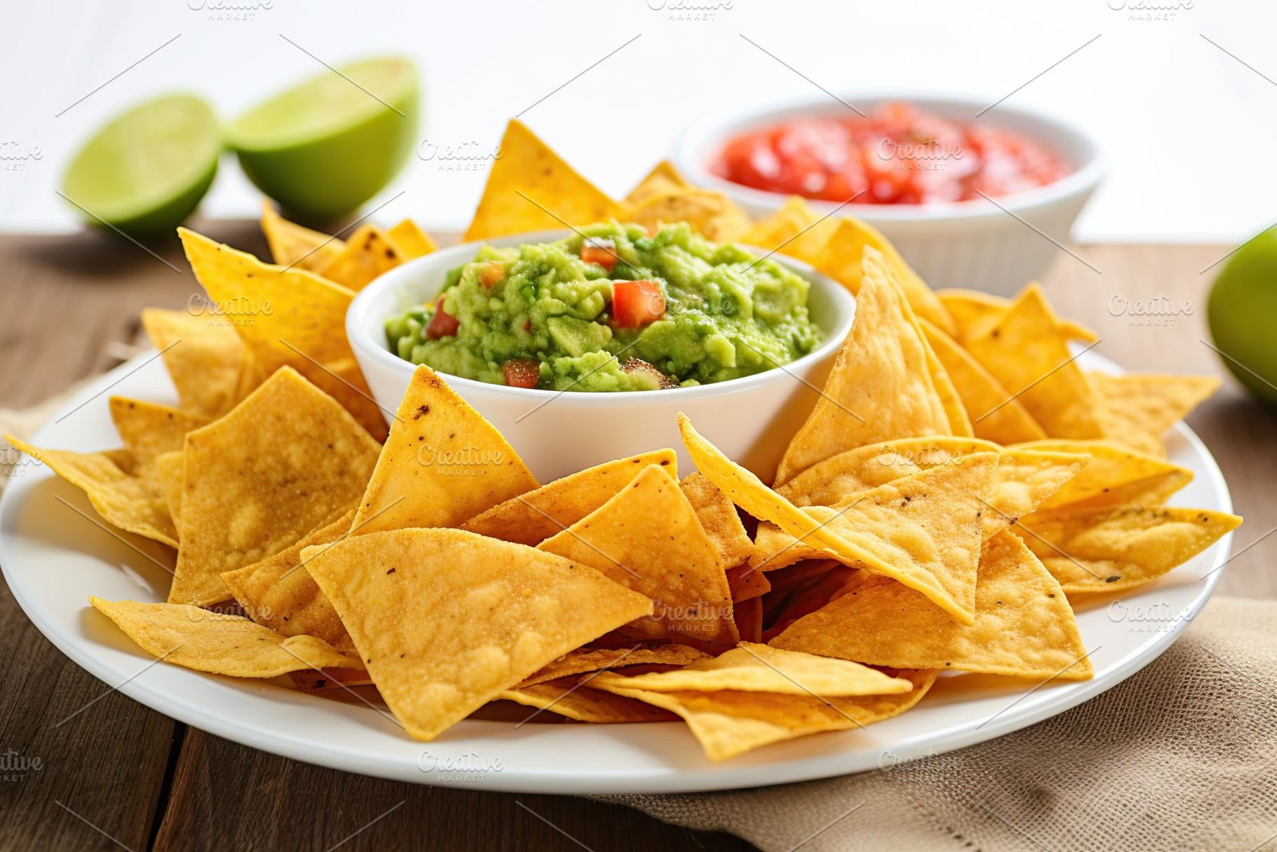 Nachos chips with guacamole and salsa in plate, a Food & Drink Photo by AlyaAnd