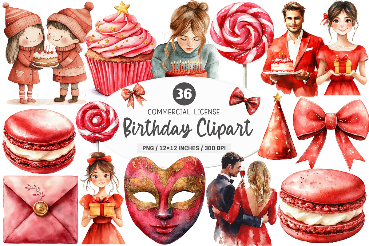 Red Birthday Watercolor Clipart, an Illustration by SinaCreation (Photo 1 of 5)