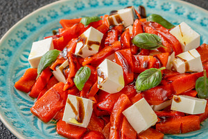 Mediterranean salad with roasted peppers feta basil and balsamic, a Food & Drink Photo by Alexander Prokopenko