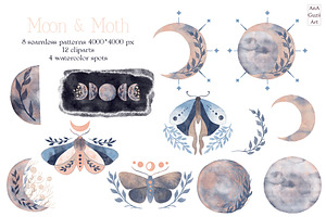 Moon And Moth Pattern & Clipart