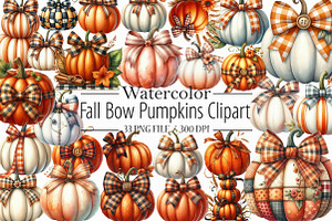 Watercolor Fall Bow Pumpkins Clipart, an Illustration by Libby Wishes