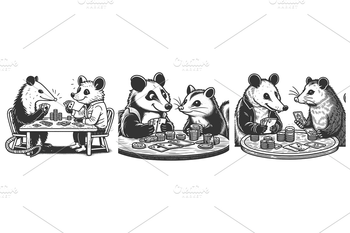 Opossums Playing Poker engraving set, an Animal Illustration by AlexArt