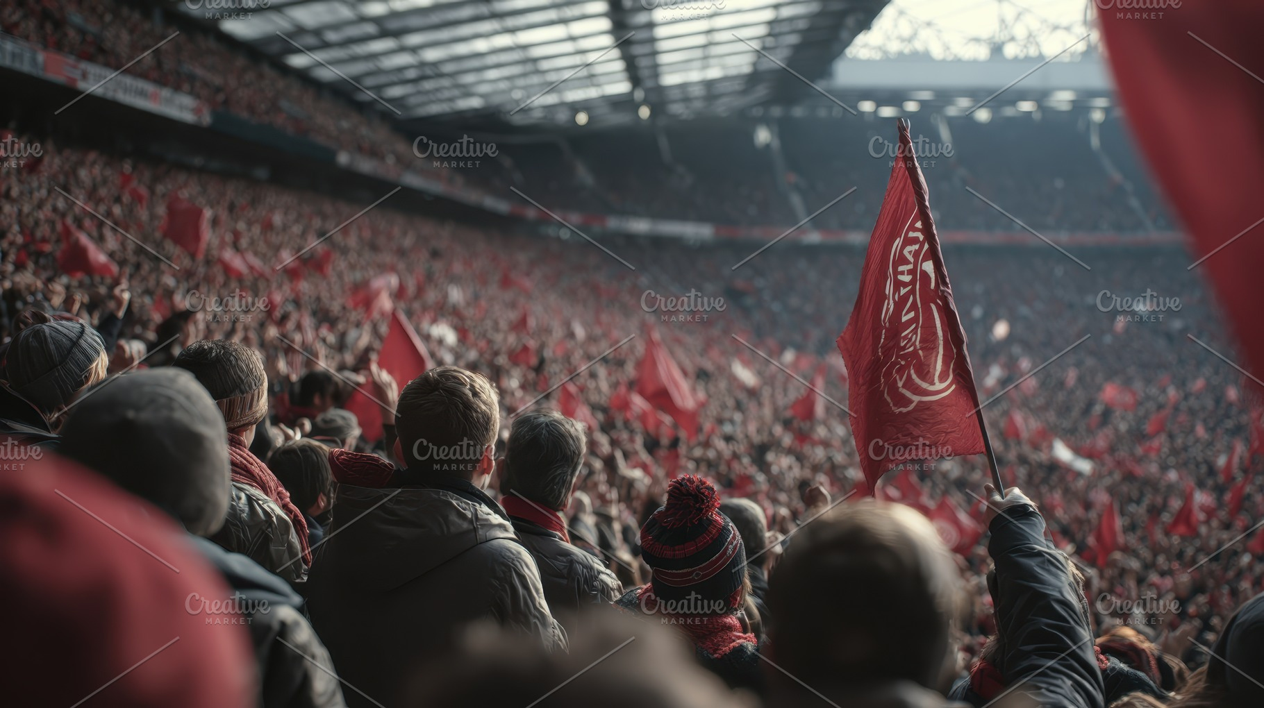 Packed stadium red flags passionate, a Photo by Pixeness Studio