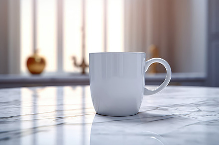 A clean and simple composition of a white coffee mug placed on a, a Food & Drink Photo by designvectx