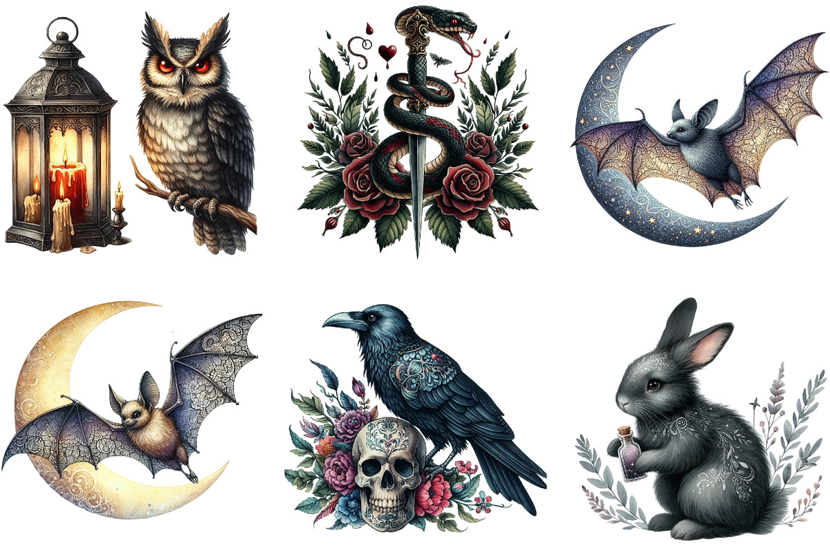 Watercolor Gothic Animals Clipart, an Illustration by DreamArtGraphic (Photo 2 of 4)