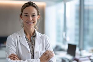 Woman in lab coat smiles in office, a Photo by Beautiful things