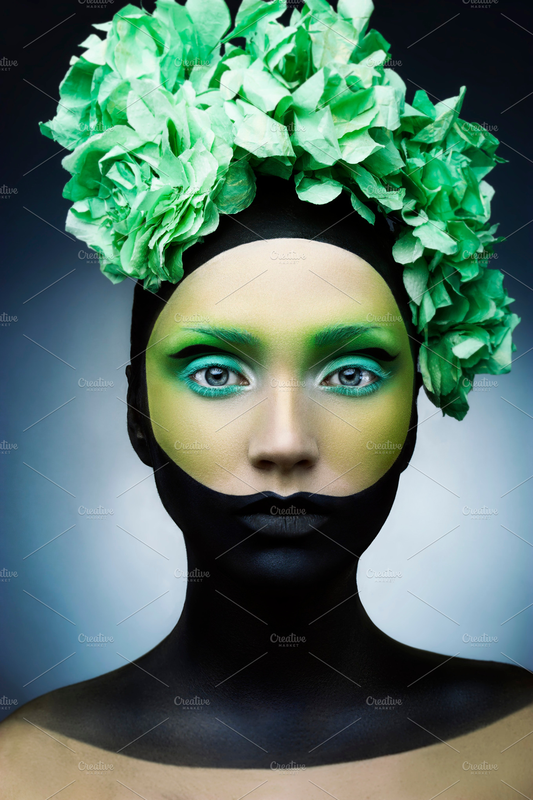 Girl with creative green and black and green make up and flowers, a Beauty & Fashion Photo by Slava Samoilenko