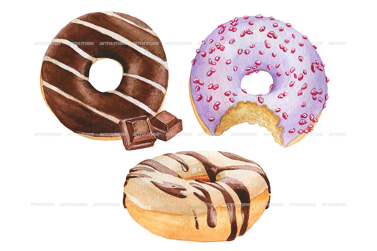 Watercolor donuts clipart, a Food Illustration by ArtfulStudio (Photo 5 of 9)