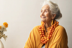 Elegant elderly woman in orange attire and necklace, smiling gracefully., a Person Photo by ImageMir