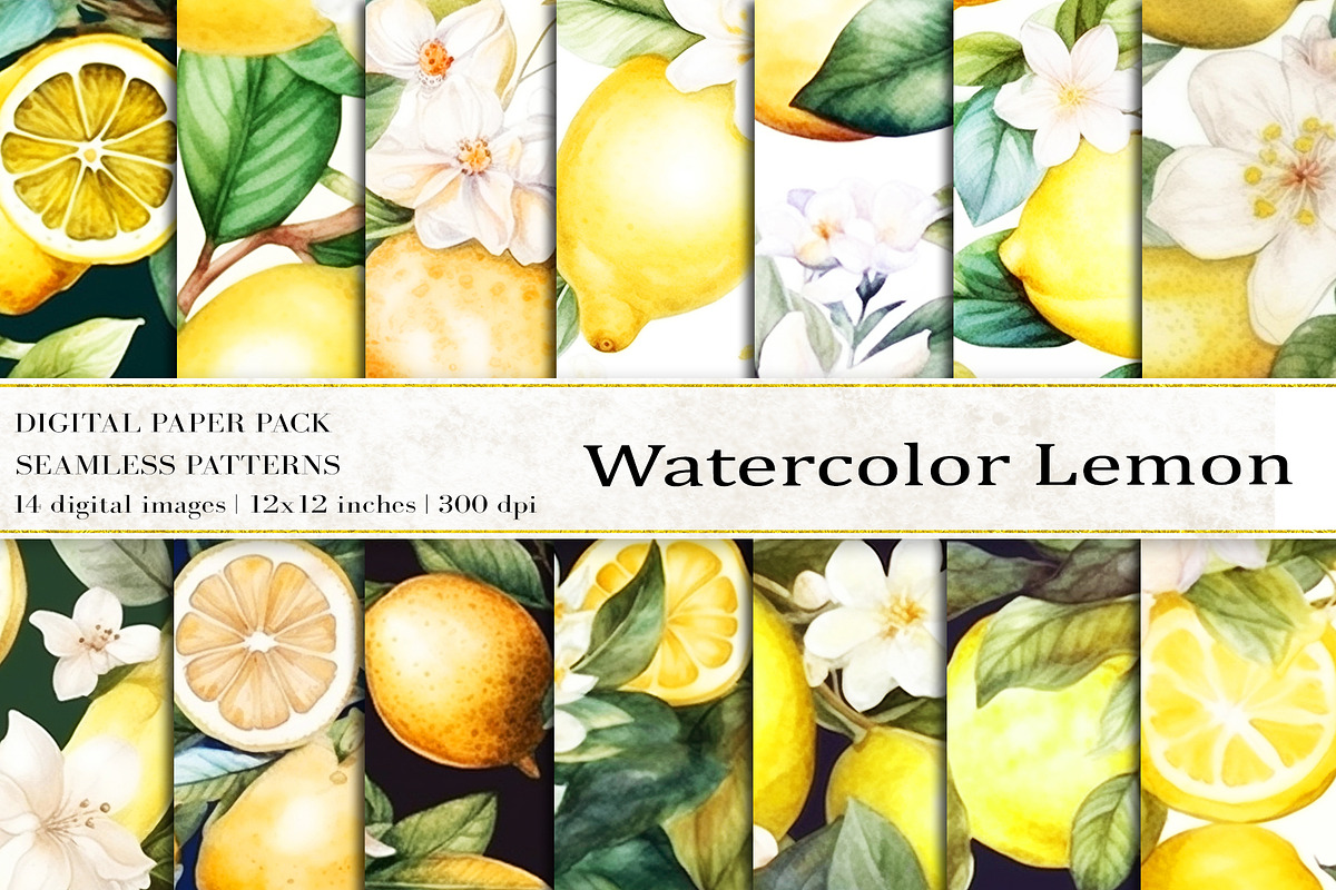 Watercolor Lemon Digital Papers, a Pattern Graphic by BonaDesigns (Photo 1 of 5)