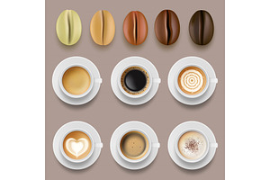 Coffee Beans And Cups. Hot Drinks