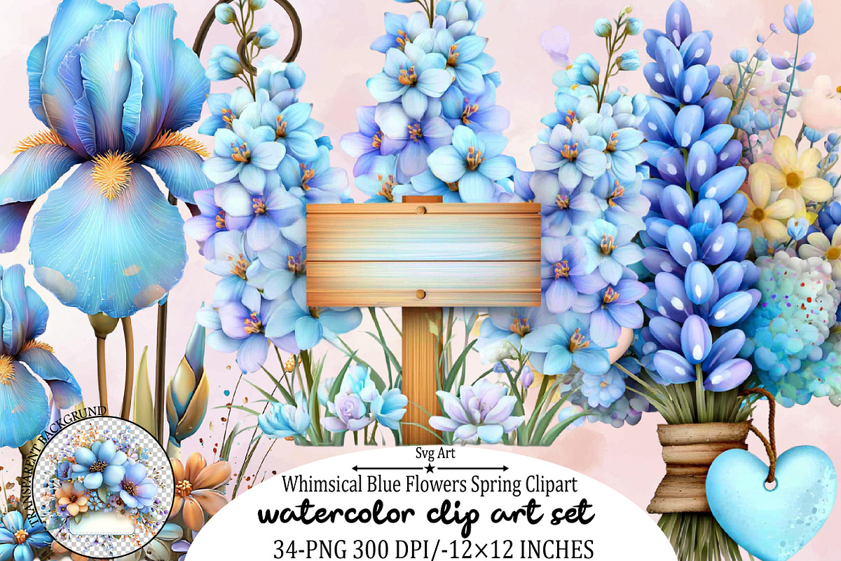 Whimsical Blue Flowers Spring Clipar, an Illustration by SVGArt (Photo 1 of 9)