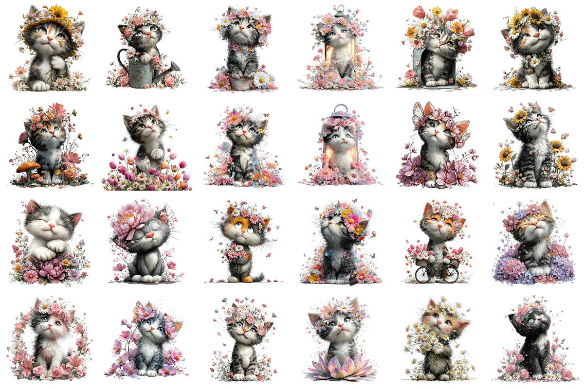 Whimsical Floral Kitten Clipart, a Seasonal Illustration by designcity5 (Photo 2 of 5)