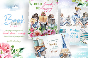 Watercolor Book Reader Clipart Set