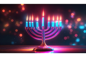 Glowing menorah with neon candles, an Abstract Photo by Igor Tichonow