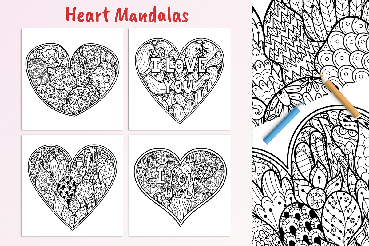Heart Mandalas Coloring Pages, a Decorative Illustration by Gulnara Sabirova (Photo 3 of 18)
